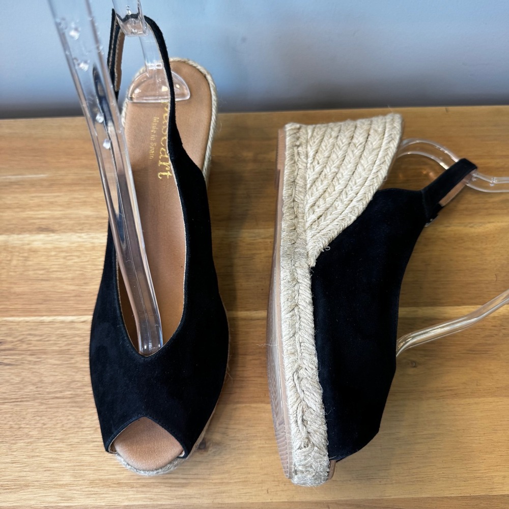 Paseart Women 9.5 EU40 Black Suede Espadrille Wedge Heel  Sandal Spain Slingback